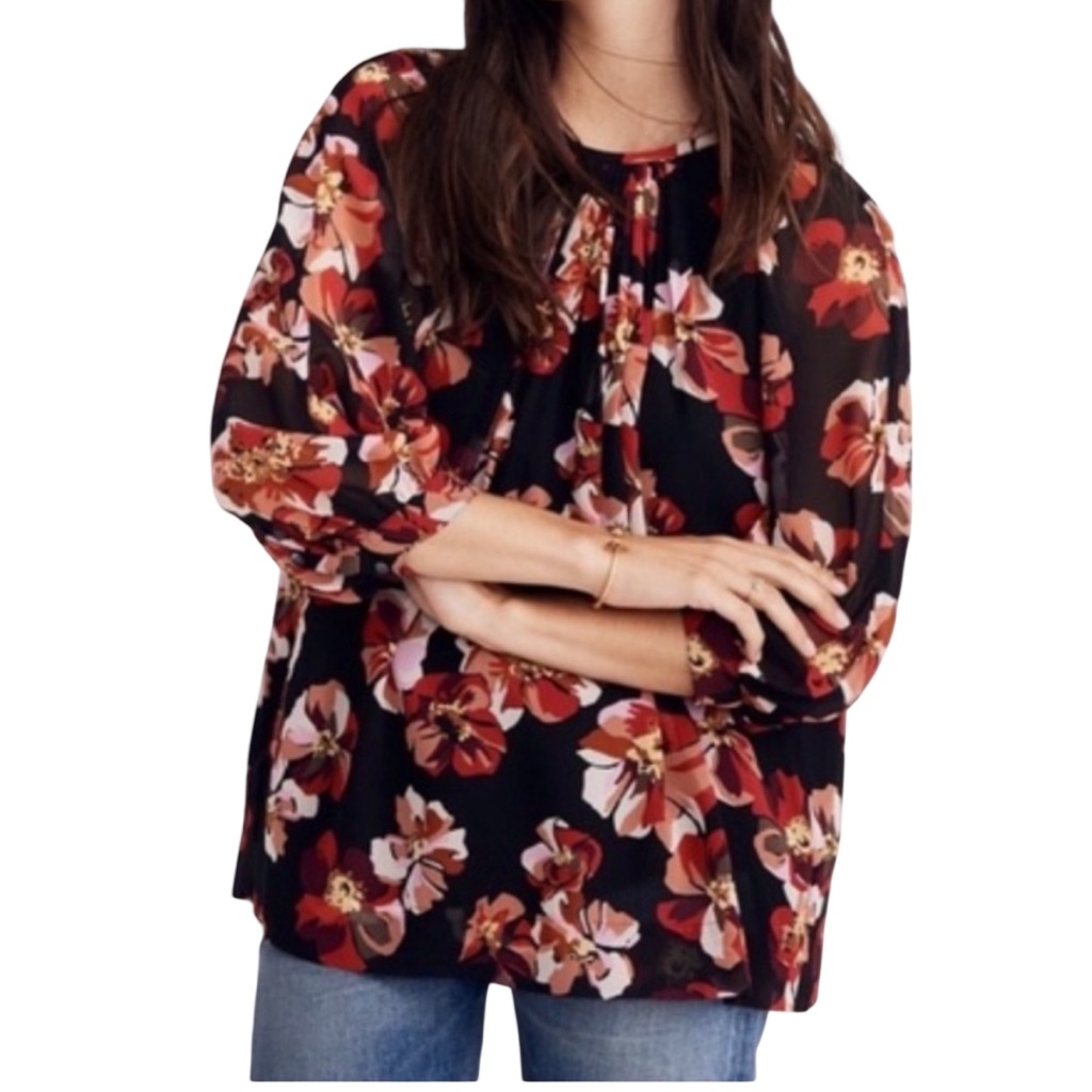 Madewell Black Vibrant Multicolor Floral Print Tunic Design Top